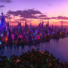 Fantasy-themed cityscape at sunset with futuristic buildings and colorful sky