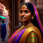 Digital art of Indian woman in traditional attire with gold jewelry at ornate temple.