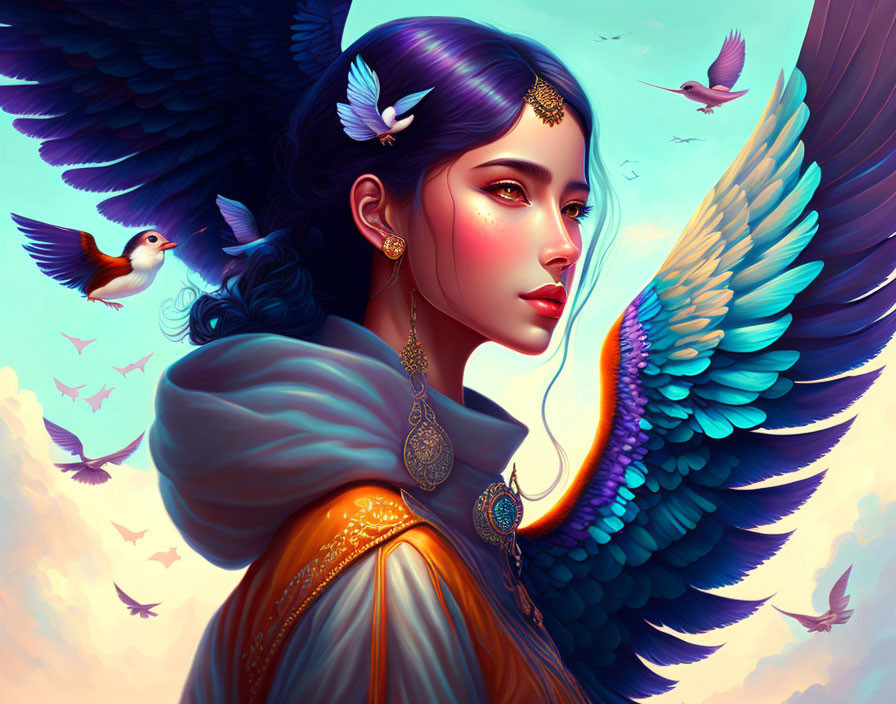 Colorful Woman with Multicolored Wings and Birds in Pastel Sky