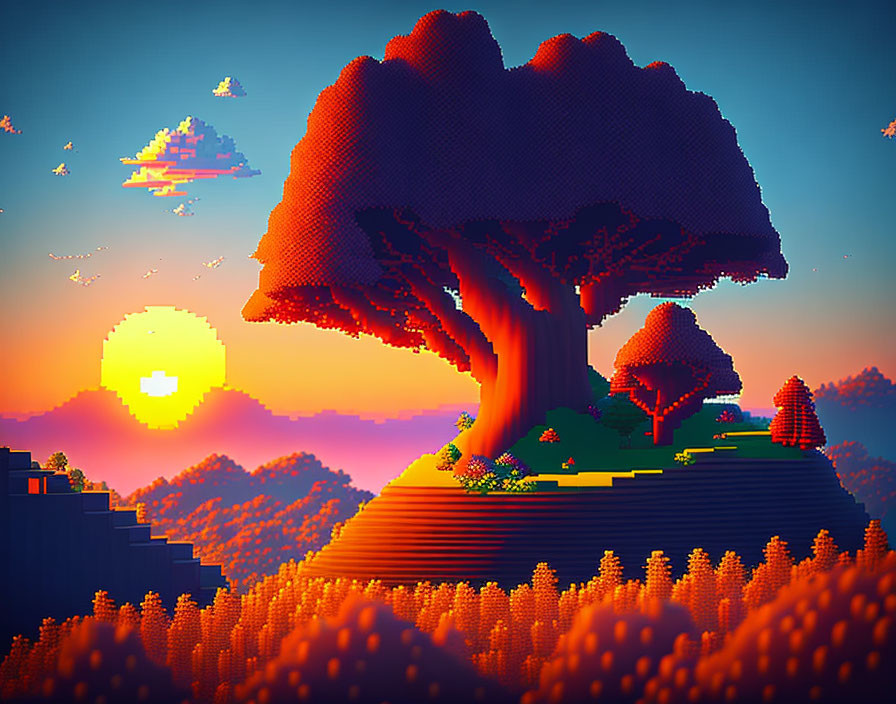 Vibrant sunset pixel art landscape with large tree and blocky hills