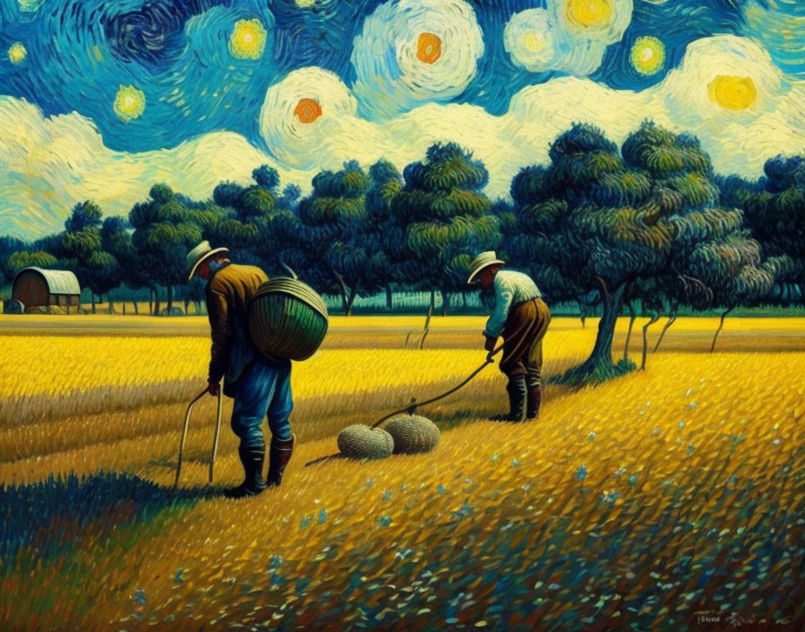 Farmers harvesting in stylized golden field under swirling blue and white sky