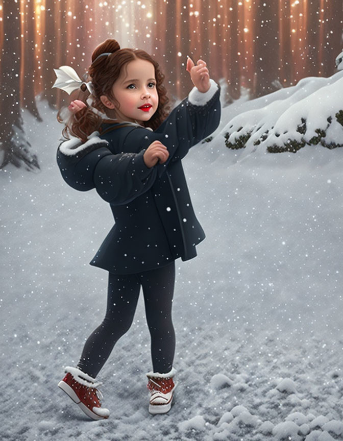 Young girl in winter coat pointing in snowy forest