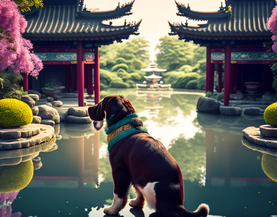 Dog in Bandana at Tranquil Asian Garden Pond