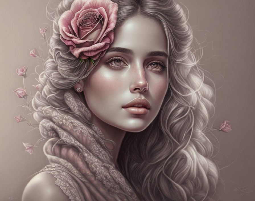 Digital portrait: Woman with curly hair, pink rose, and butterflies in soft pastel tones