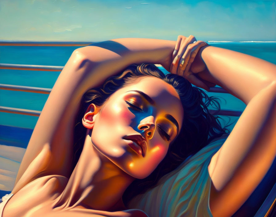 Woman reclining under sunny skies by the ocean