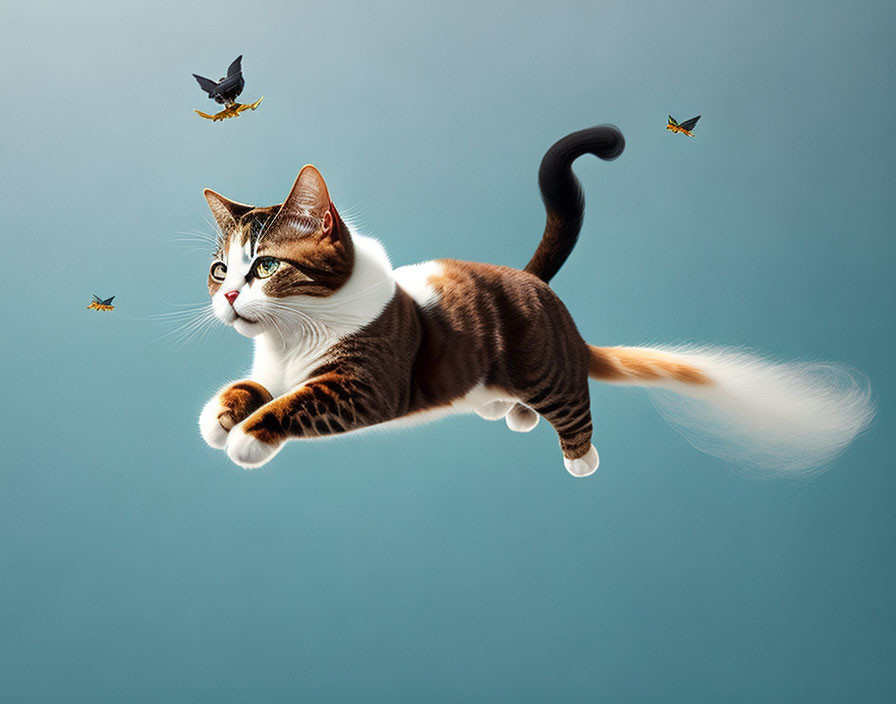 Brown and White Cat Leaping Mid-Air with Butterflies on Teal Background