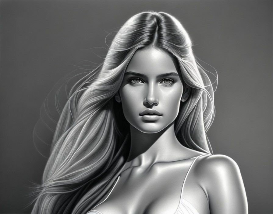 Monochromatic digital portrait of a woman with flowing hair and intense gaze.