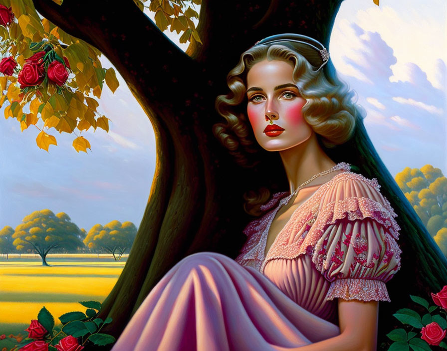 Vintage Woman Sitting by Tree with Roses in Serene Landscape