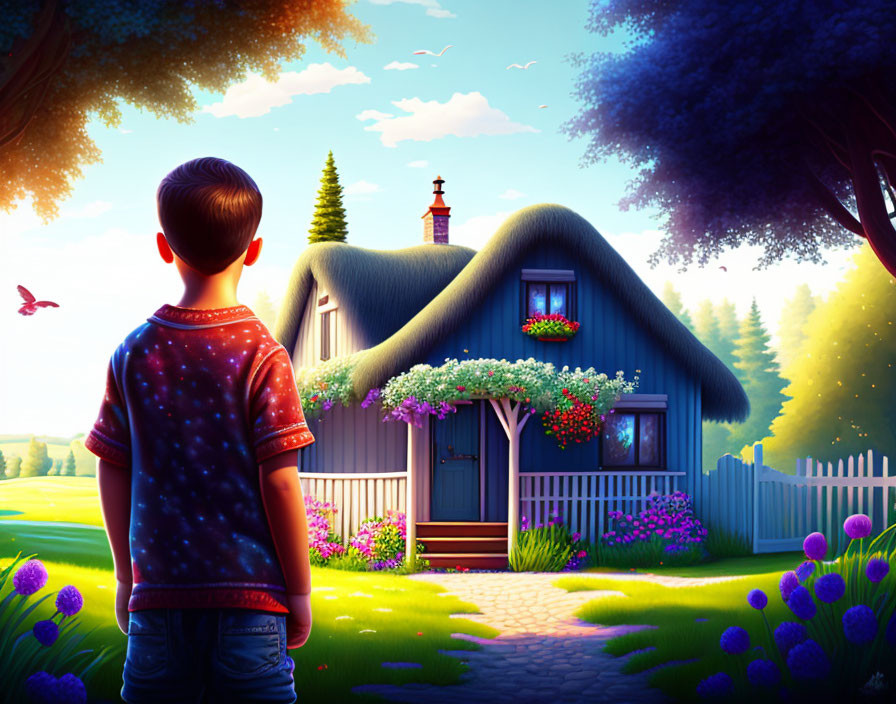 Young boy admires charming cottage in serene setting