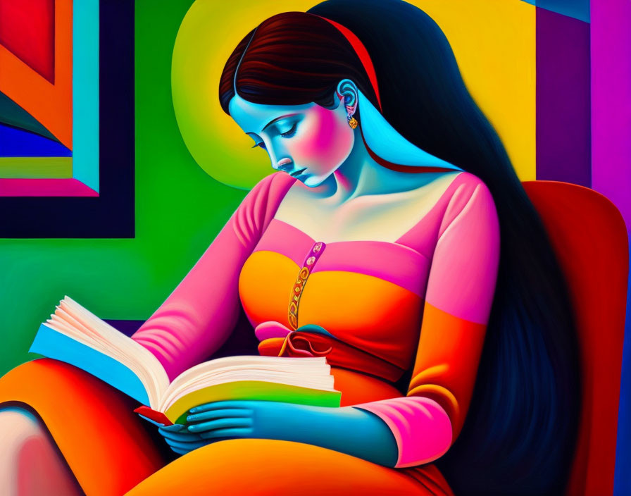 Colorful Artwork: Woman Reading Book in Vibrant Setting