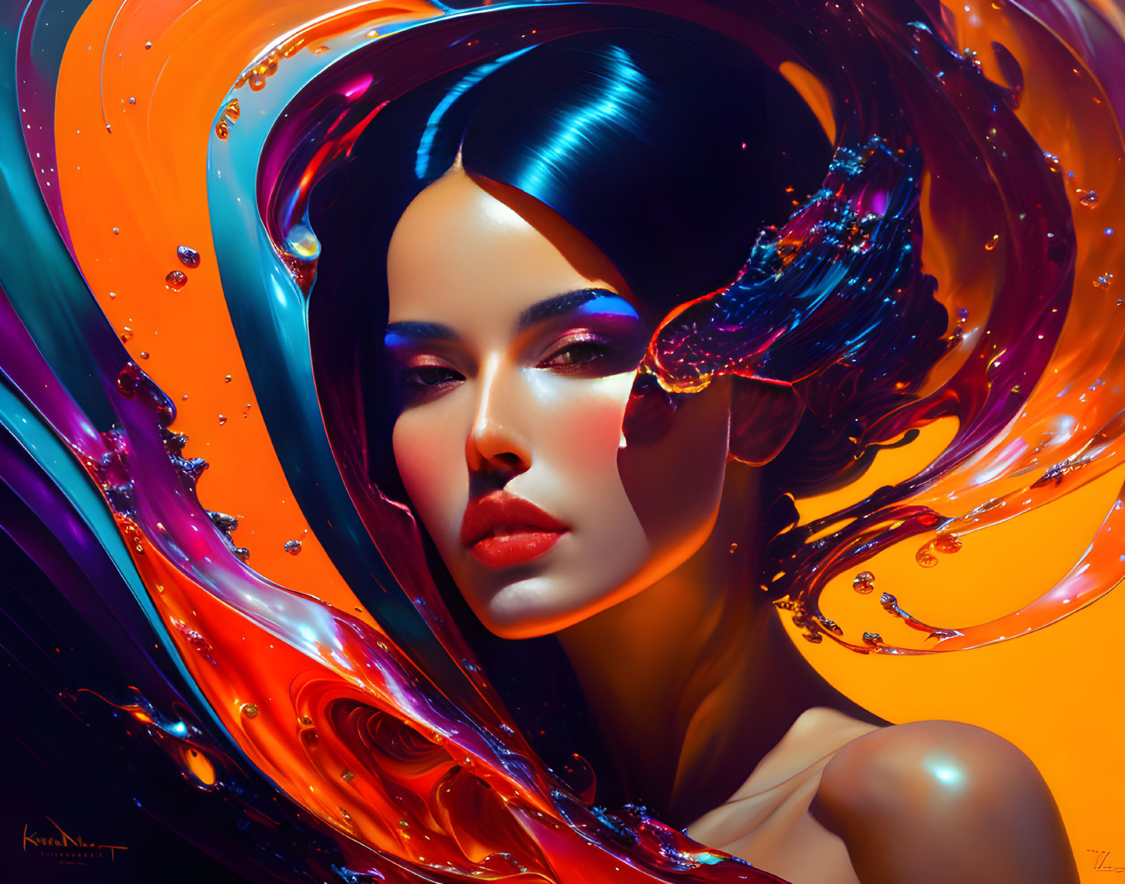 Vibrant digital artwork of a woman with flowing hair in orange, red, and blue swirls