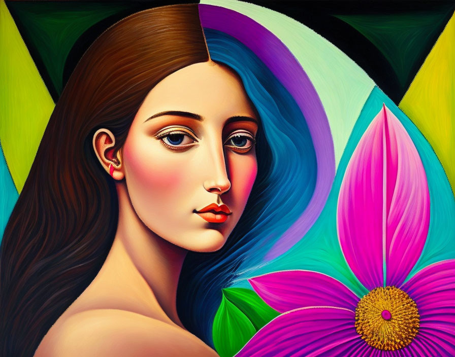 Vibrant portrait of a woman with serene expression and lotus flower