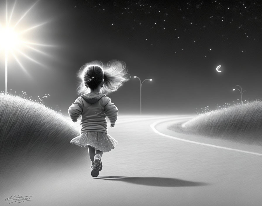 Monochrome image of young girl running at night with streetlights and crescent moon