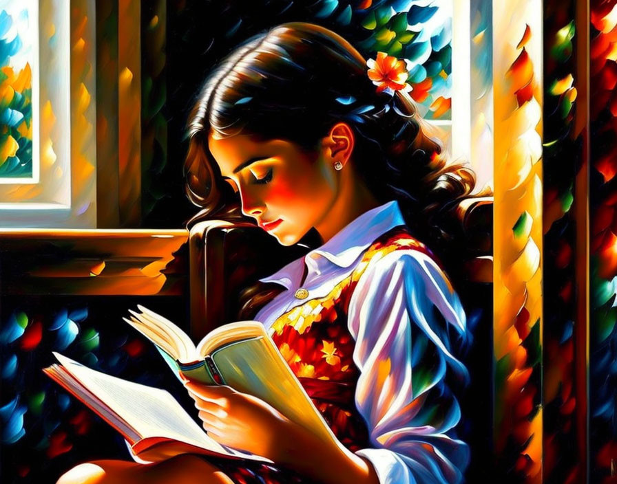 Vibrant illustration: young woman reading by sunlit window