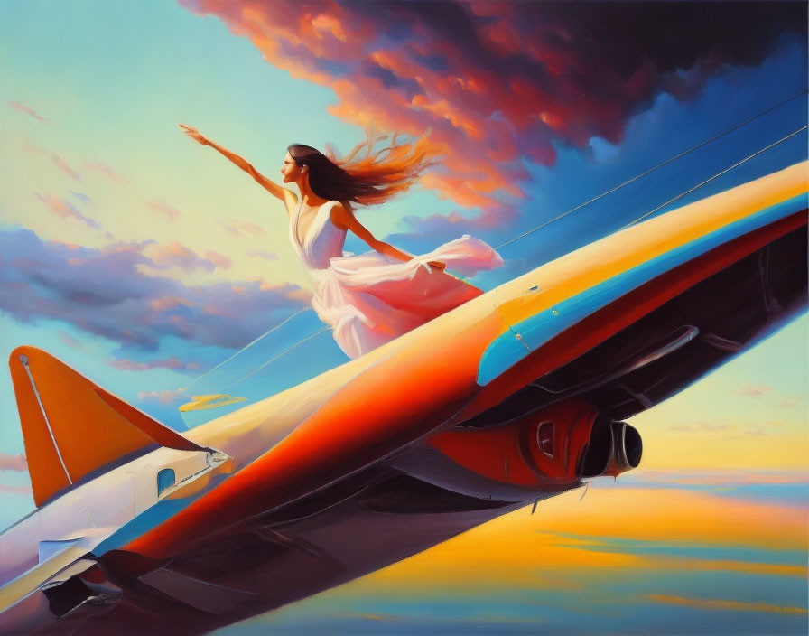 Woman in white dress on airplane wing under vibrant sunset.