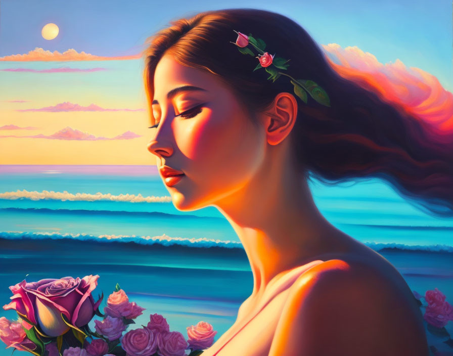 Woman with floral headpiece gazing at sunset over tranquil sea