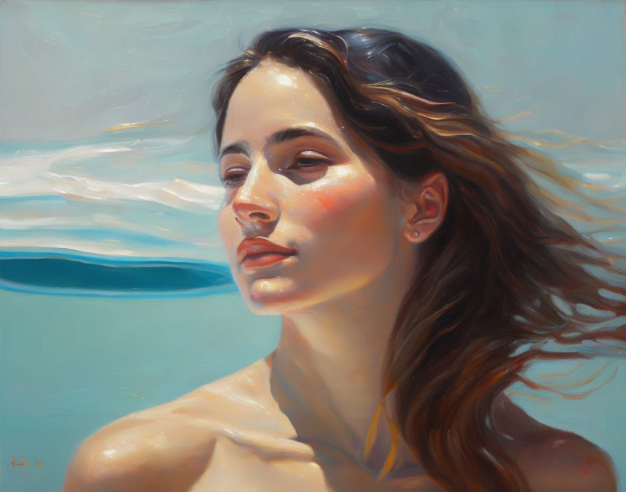 Realistic painting of woman with flowing hair by blue sea and sky