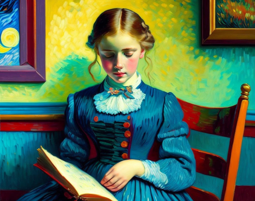 Young girl in blue dress reading book beside yellow wall with impressionist artwork.