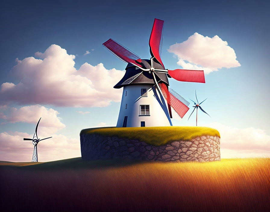 Illustration: Windmills on floating island above wheat field