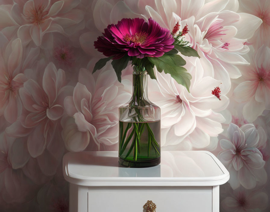 Pink flower in clear vase on white table with pink floral wallpaper