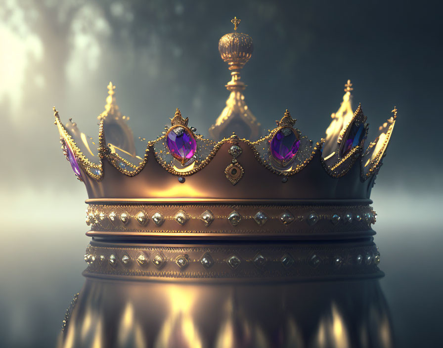 Purple Gemstone Adorned Regal Crown with Gold Detail in Misty Setting