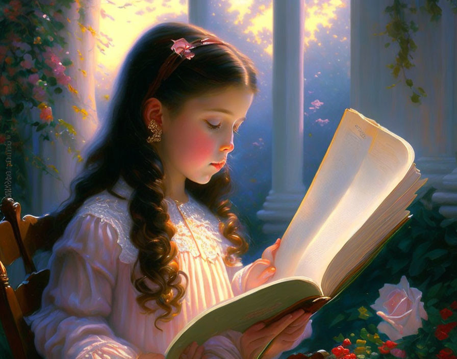 Young girl reading book by sunlit window with lush greenery.