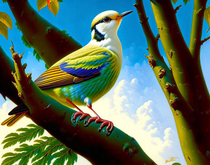 Colorful Bird Perched on Branch Against Blue Sky