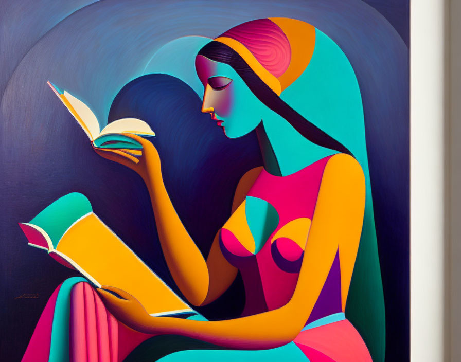 Colorful painting of a woman reading with abstract and figurative elements