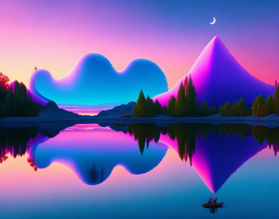 Surreal landscape with purple mountains, reflecting lake, trees, boat, and crescent moon