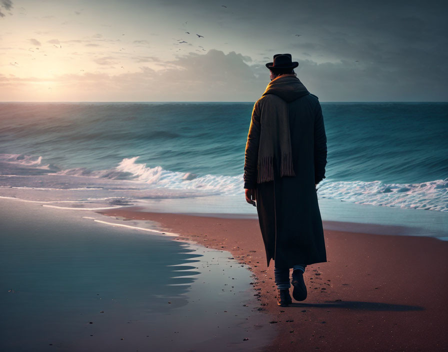 Figure in Coat and Hat on Beach at Dusk with Birds