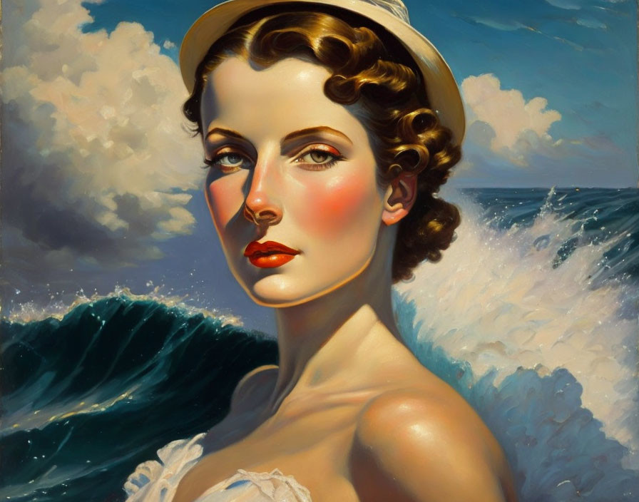 Woman with Curly Hair in Sailor Hat Surrounded by Ocean Waves and Clouds