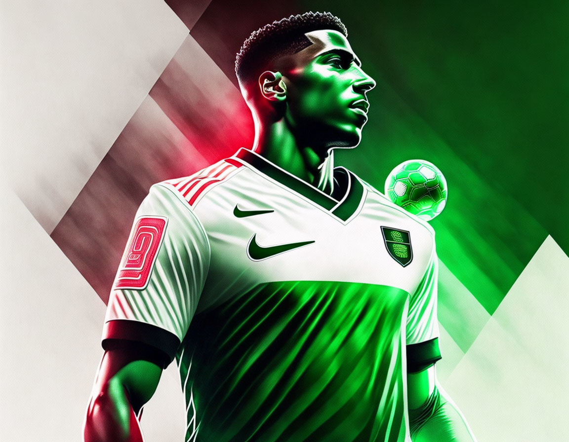 Soccer player digital artwork with white jersey and ball on vibrant background