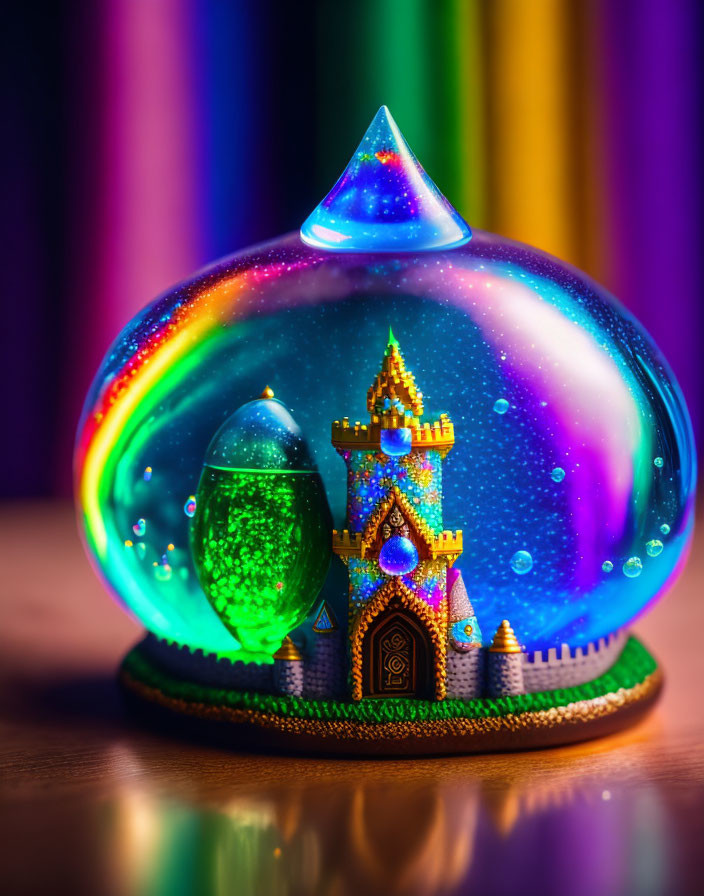 Colorful Crystal Castle in Glass Globe with Multicolored Background