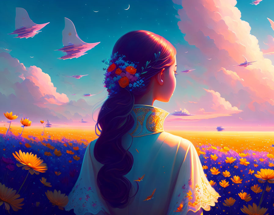 Woman with flowers in hair admires sunset over orange flower field with birds in sky