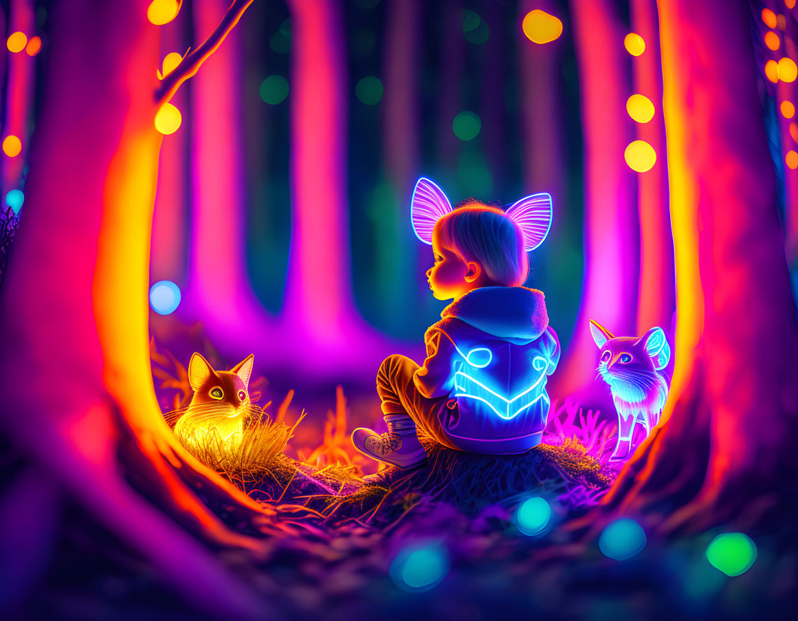 Child with Glowing Wings Surrounded by Fantasy Creatures