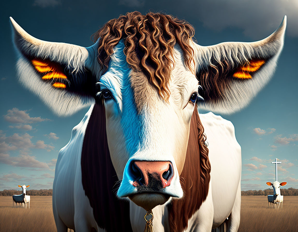 Surreal cow with fiery orange ears in field under blue sky