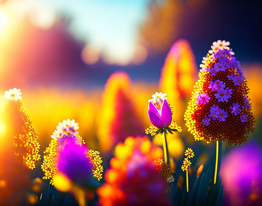 Colorful garden featuring purple and orange flowers with a focused tulip.