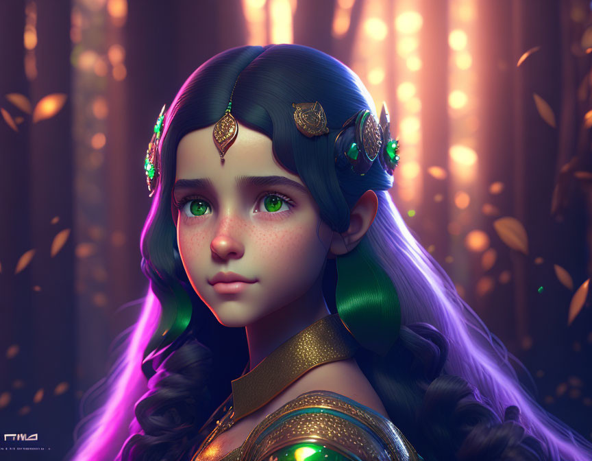 Portrait of girl with green eyes, dark hair, gold accessories, and forest backdrop