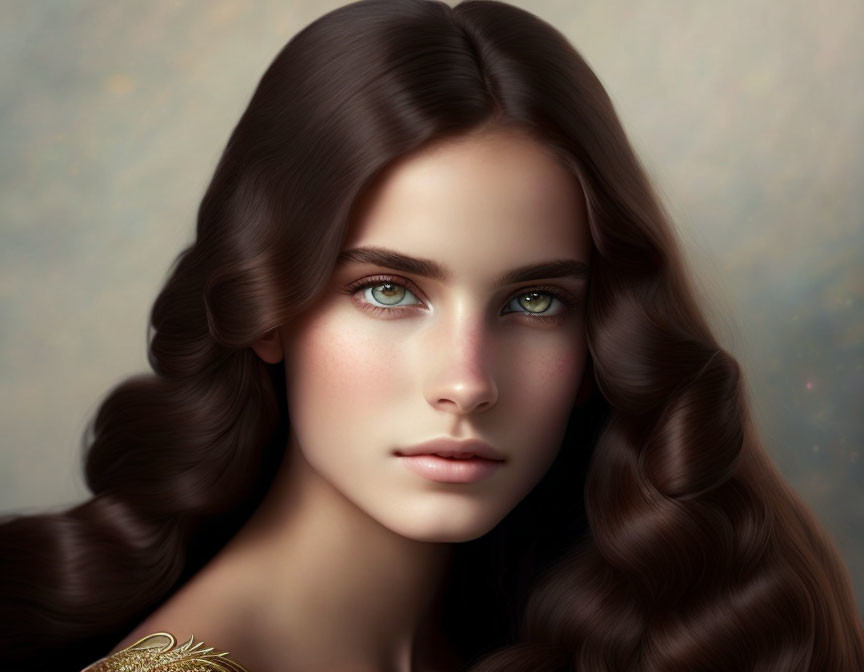 Portrait of Woman with Green Eyes and Brunette Waves