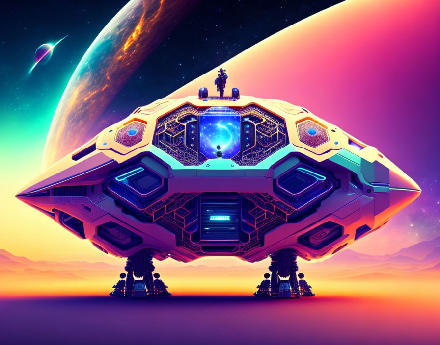 Futuristic spaceship with extended landing gear on vibrant alien planet