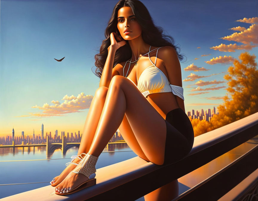 Stylized illustration of woman at sunset with cityscape, bird, and water