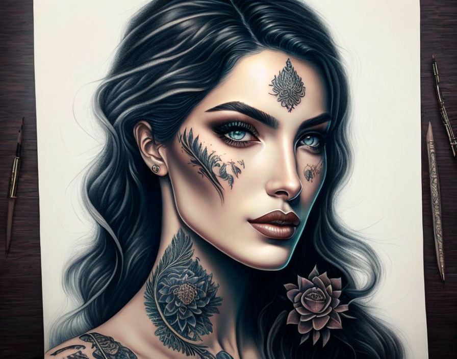 Detailed illustration of woman with blue hair and intricate face and neck tattoos, with drawing pencils.