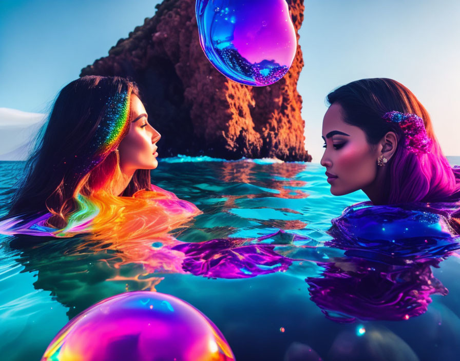 Vibrant makeup women in water with colorful bubbles and rocky cliff