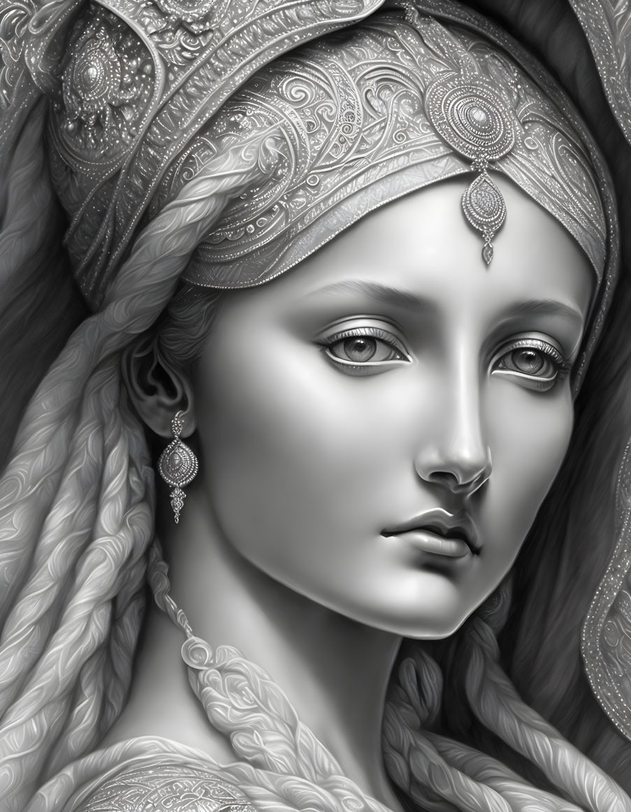 Monochrome digital portrait of a woman with detailed head jewelry and braided hair