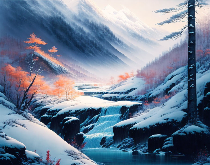 Winter waterfall surrounded by snow, autumn trees, and misty mountains