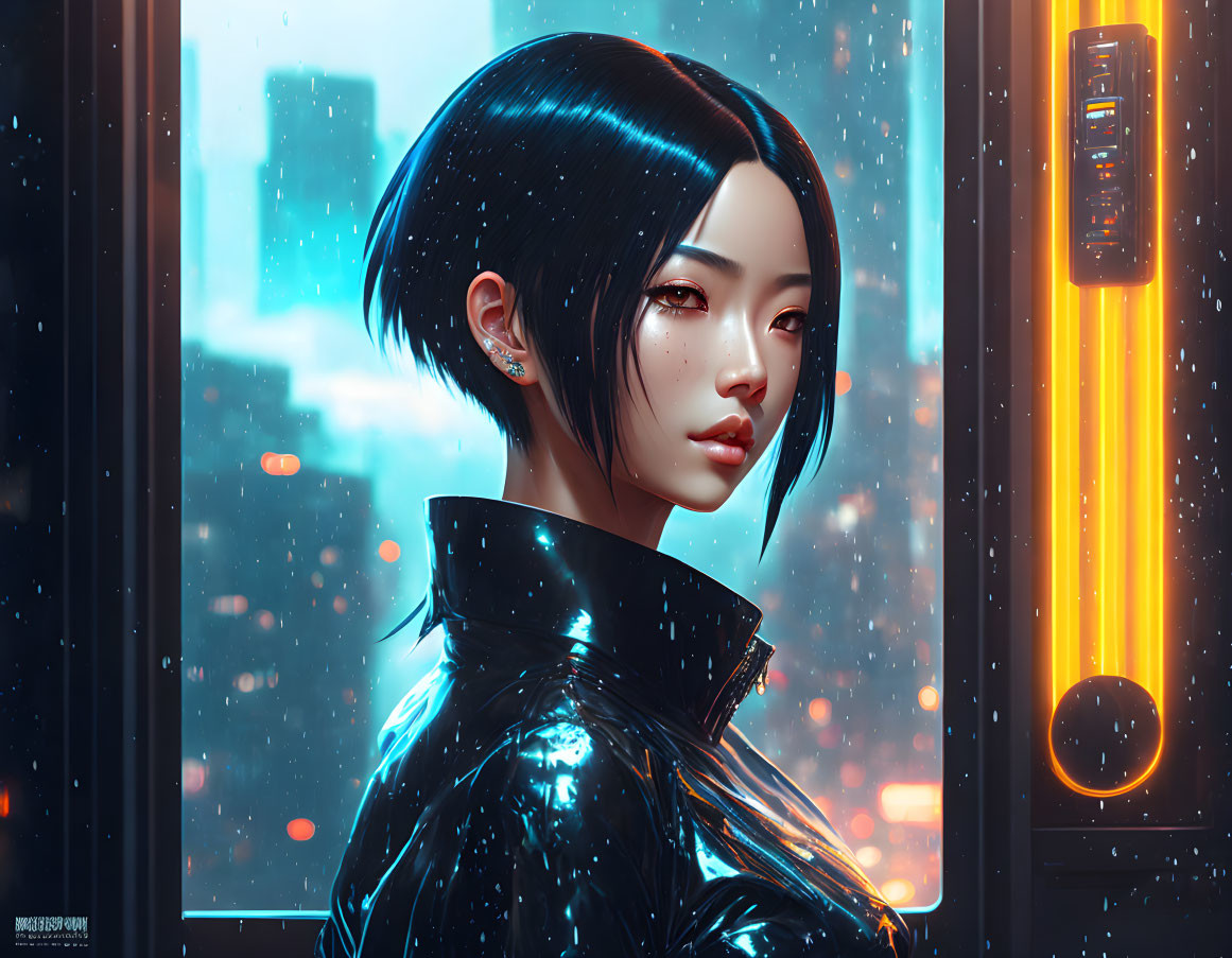 Futuristic digital art of a female by a neon-lit window