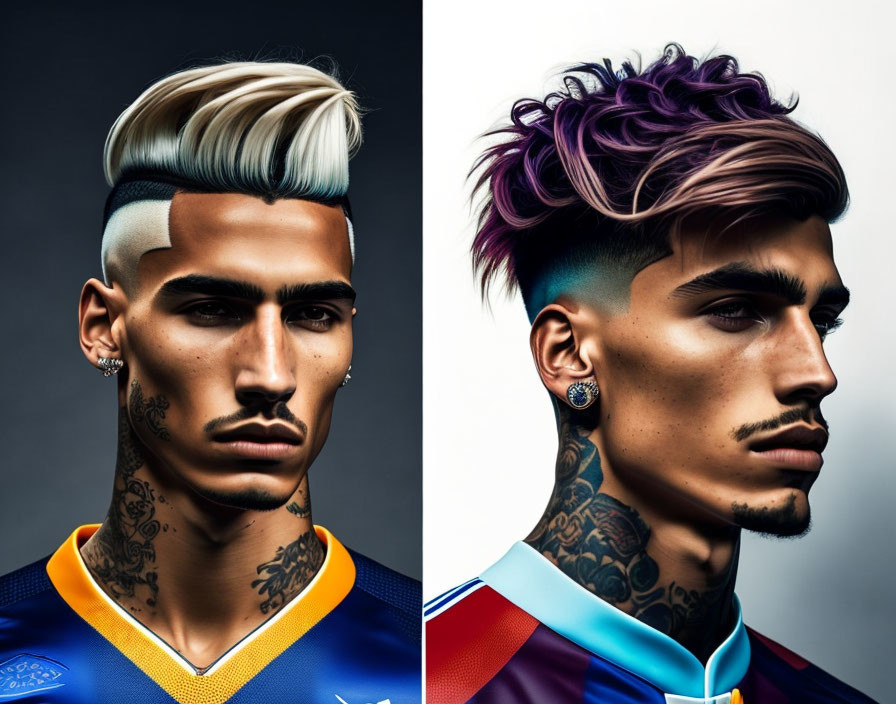 Dual portraits of man with varied hairstyles, tattoos, and sports jersey