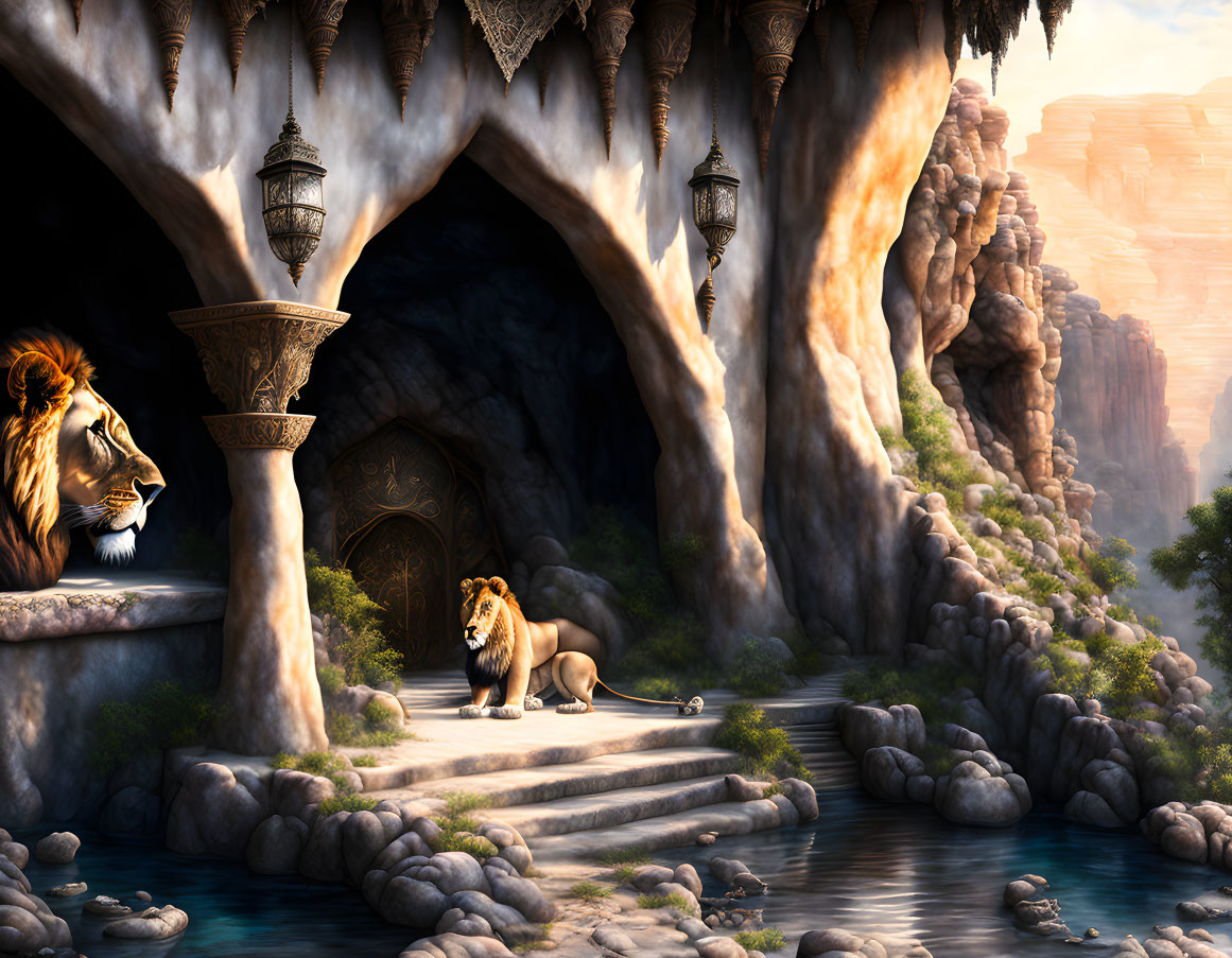 Majestic lions outside mystical cave with stone lanterns