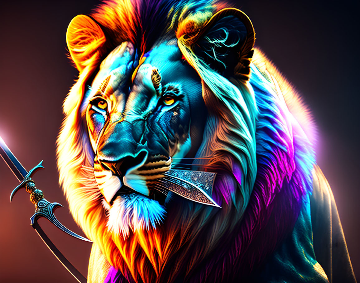 Multicolored lion with glowing mane and sword with elaborate hilt.