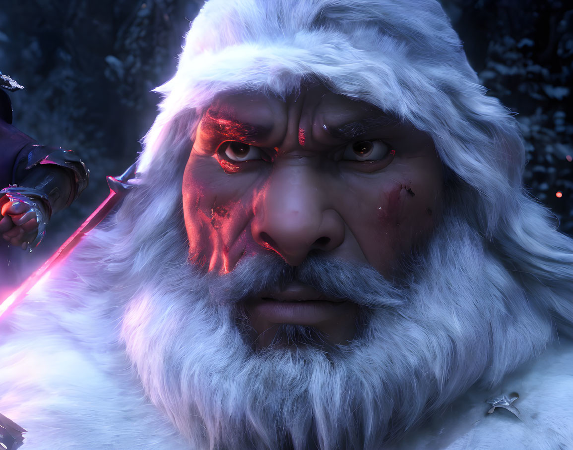 Majestic white-bearded fantasy warrior with glowing red eyes and battle scars